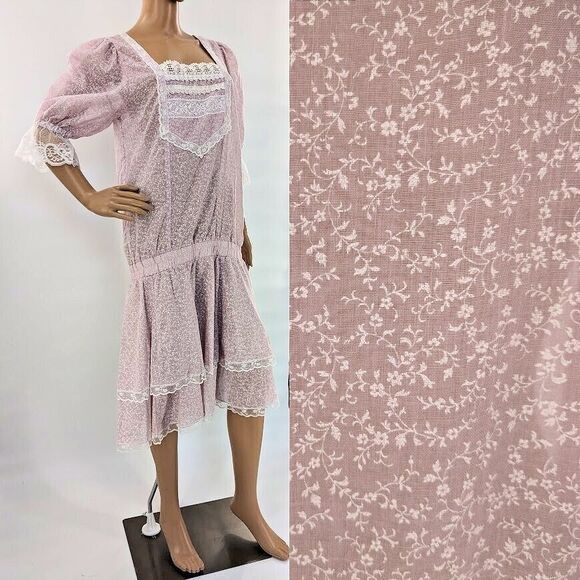 NWT Vintage 70s Gunne Sax Prairie Dress Lilac Ruffle Drop Waist Floral Crochet 9 - Picture 3 of 12
